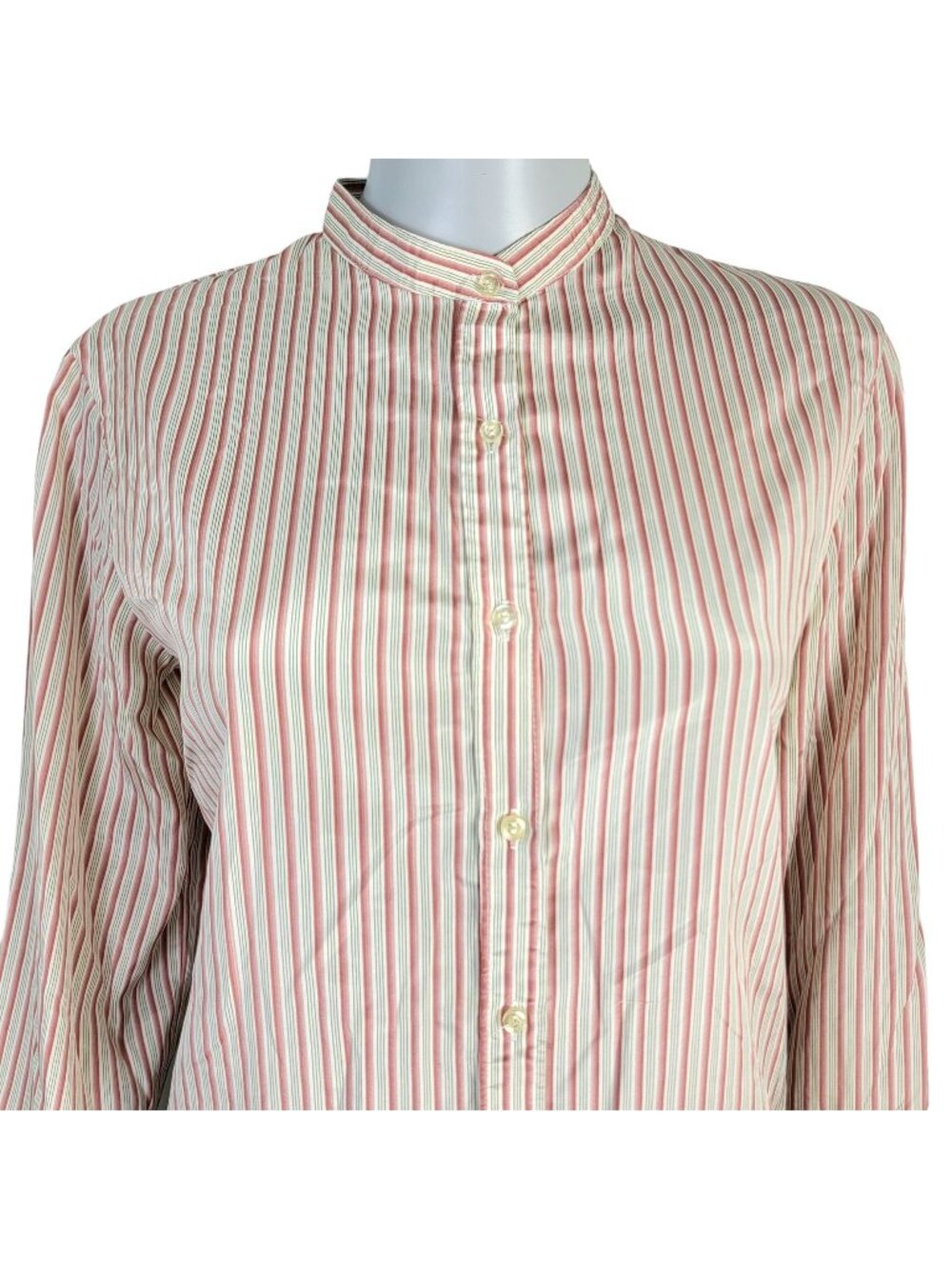 Vintage 70s Stripe Blouse Women 14 Button Shirt Roll Tab Sleeve Top XL Work Fall